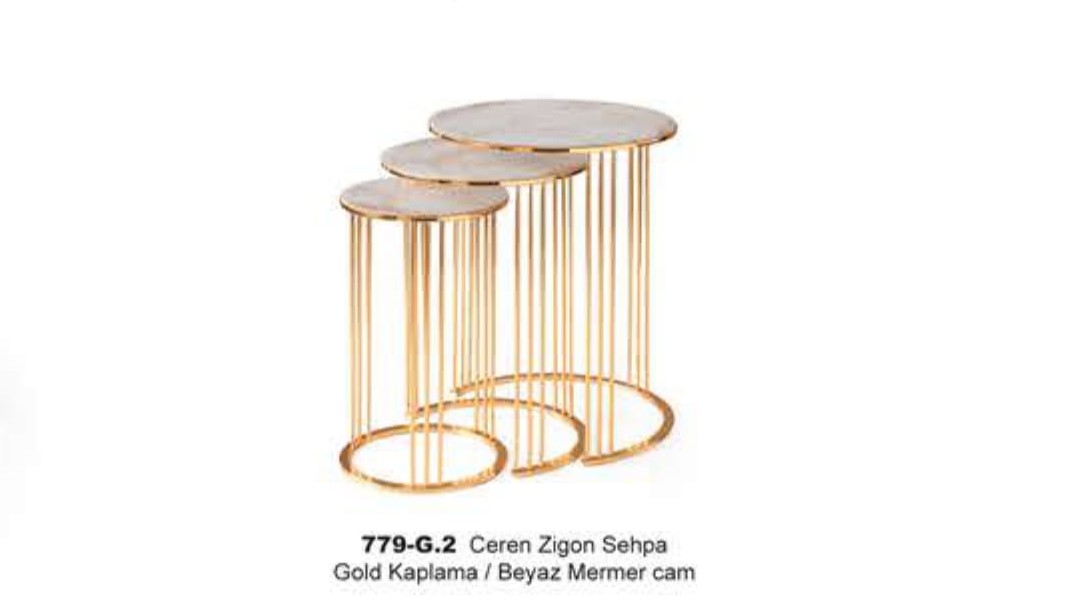 Ceren Nesting Table Gold Plated White Marble Glass