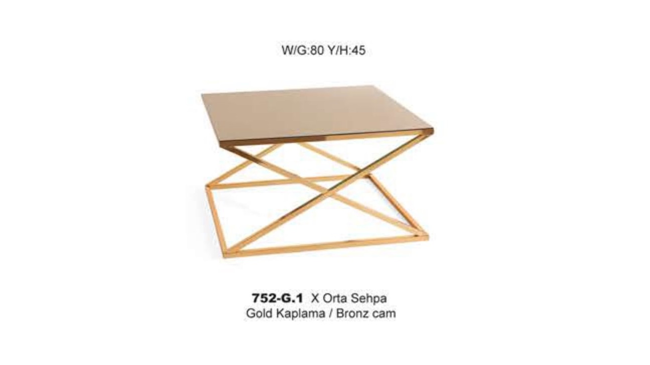 X Center Table Gold Plated Bronze Glass 80X80 cm