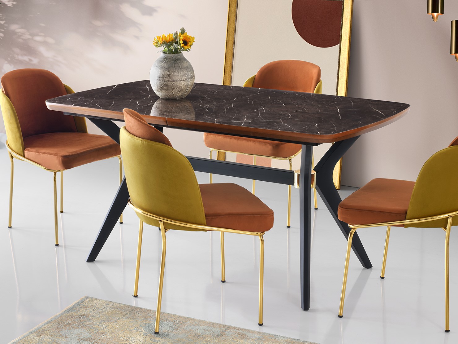 Anka Hg Parlak Siyah Bianco Mermer Desen V Ayak Açılır Masa 160x90 cm