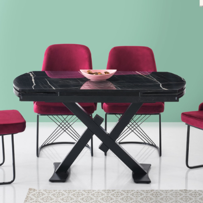 Stil Hg Parlak Mdf Açılır Çapraz X Ayak Masa Sonato Siyah Mermer Desen 130 x 80 cm