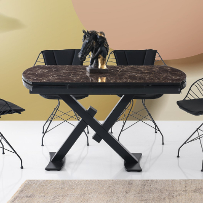 Stil Hg Parlak Mdf Açılır Çapraz X Ayak Masa Siyah Taş Desen 130 x 80 cm