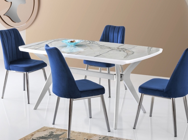 Anka Hg Polished Calcutta Marble Pattern V Leg Extendable Table 160x90 cm ve Chair Set