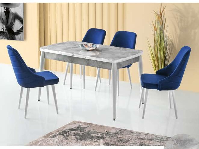 Kelebek Hg.Parlak Rambia Mermer Desen Açılır Kütük Masa 130x85 cm ve Sandalye Takımı