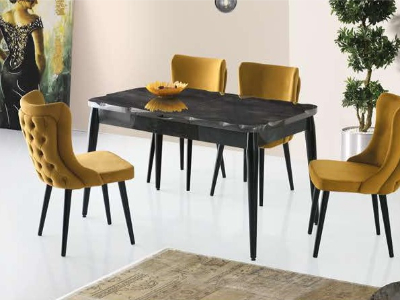 Kelebek Hg.Parlak Siyah Sonato Mermer Desen Açılır Kütük Masa 130x85 cm ve Neva Sandalye