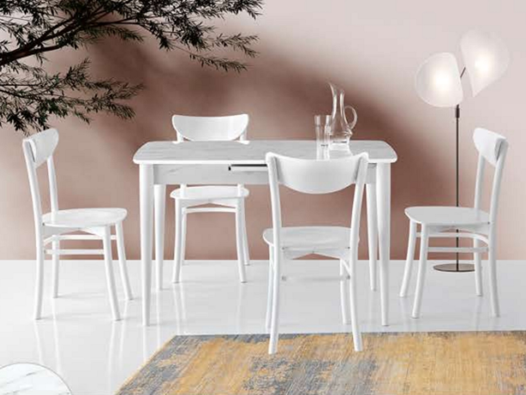 Milano Parlak Hg. Mdf Mutfak Masası Beyaz Marmo 120x70 cm ve Asos Mutfak Sandalye Takımı