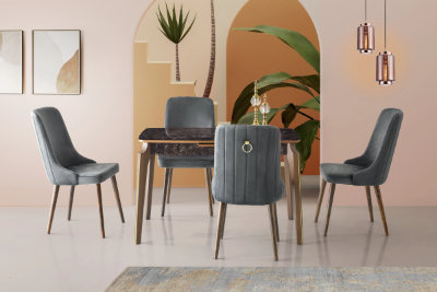 Mdf Küçük Yemek Masası 120 cm Siyah Taş 4 Sandalye Takımı