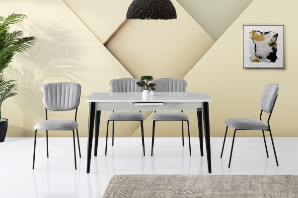 Small Shiny Mdf Dining Table 120 cm White Marble Set of 4 Chairs