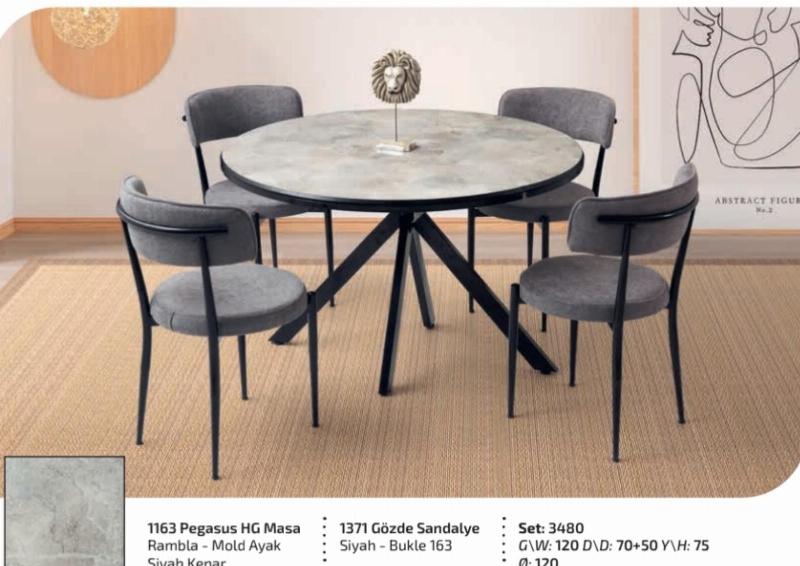 Dikdörtgen yuvarlak açılır high gloss salon masa takımı çap 120 cm kapalı 120x70 cm rambia mermer desen