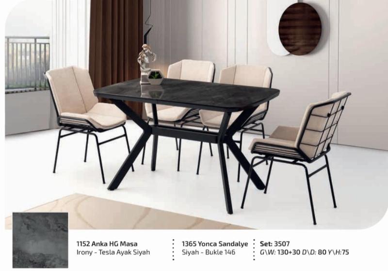 130 cm açılır high gloss salon masa takımı irony siyah mermer desen