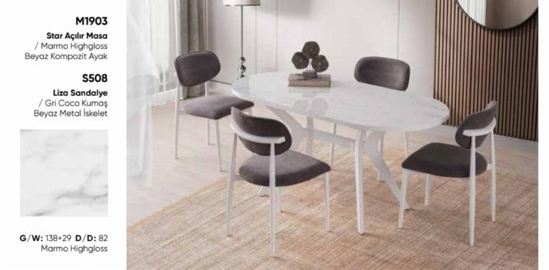 138 cm açılır high gloss oval salon masa takımı marmo beyaz mermer desen