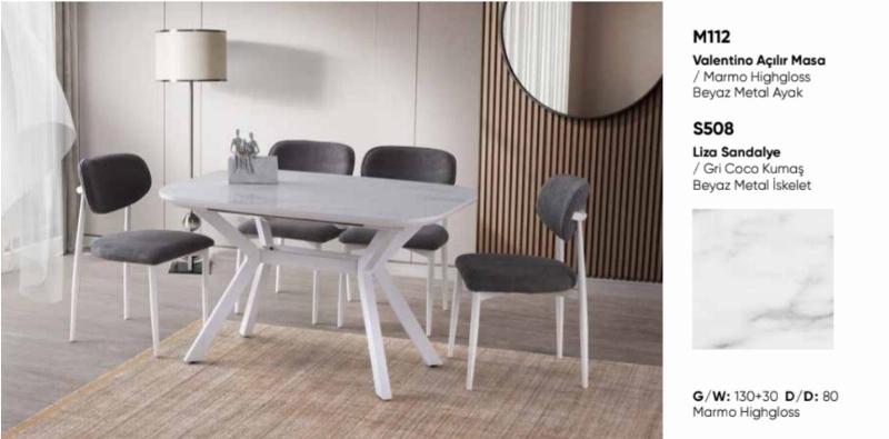 130 cm açılır high gloss salon masa takımı beyaz marmo mermer desen