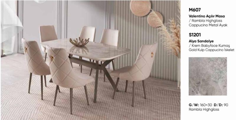 160 cm açılır v ayak 6 sandalyeli high gloss salon masa takımı rambia mermer desen
